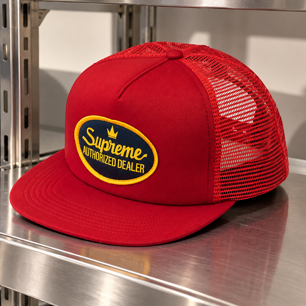 Red Supreme mesh trucker cap, adjustable headwear with breathable mesh panels and curved brim, branded by Supreme.