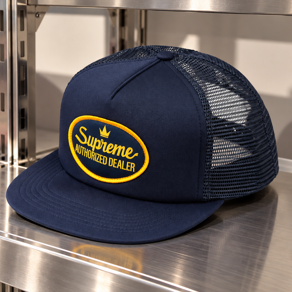 Navy Supreme mesh trucker cap with adjustable snapback closure, featuring the brand's logo on the front panel.