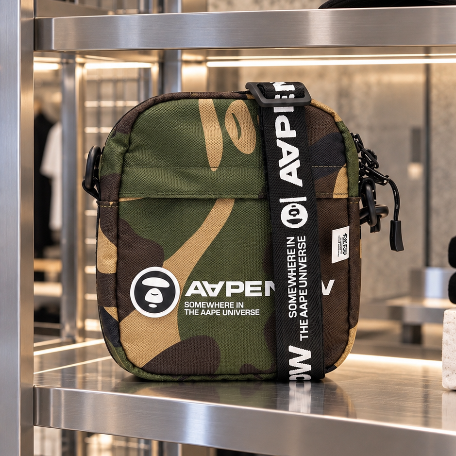 AAPE by Bathing Ape camo sling bag with adjustable strap and bold ape logo, stylish accessory for casual wear