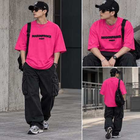 Pink MasonPrince Classic Spray Logo T-shirt featuring a bold logo design, casual fit, and soft cotton fabric.