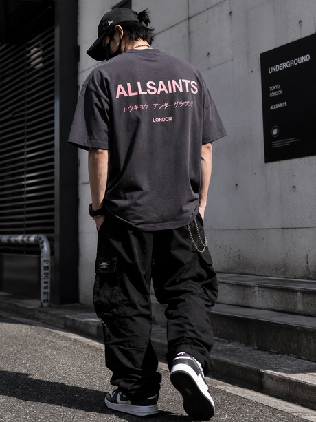 AllSaints Underground Logo Tee Washed Black Pink