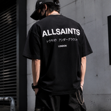 AllSaints Underground Logo Tee in black, casual men's t-shirt with all-over logo print, made from soft cotton fabric.