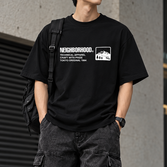 Black NEIGHBORHOOD SS-10 Front Logo Tee shirt with front logo graphic and casual fit.