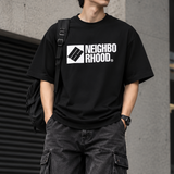 Black Neighborhood SS-3 Tee shirt, casual apparel with short sleeves and crew neck, featuring the NEIGHBORHOOD brand logo.