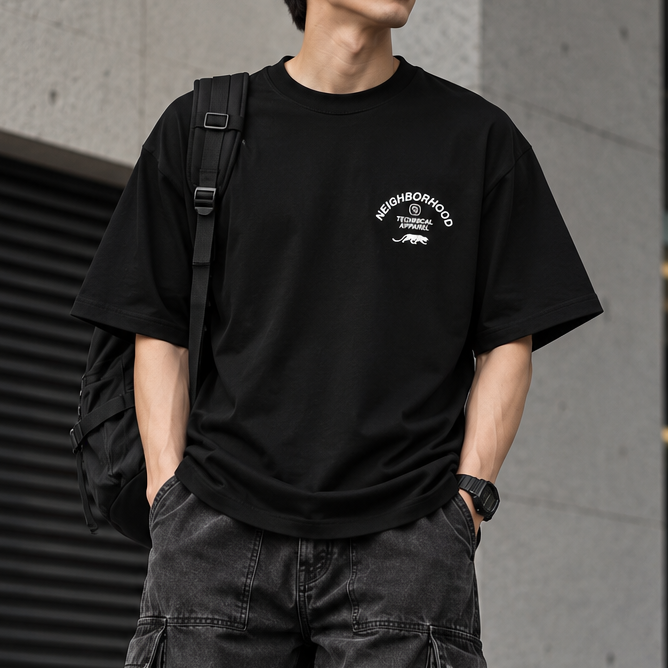Black NEIGHBORHOOD SS-6 Tee shirt displayed on a hanger with visible branding and casual fit.
