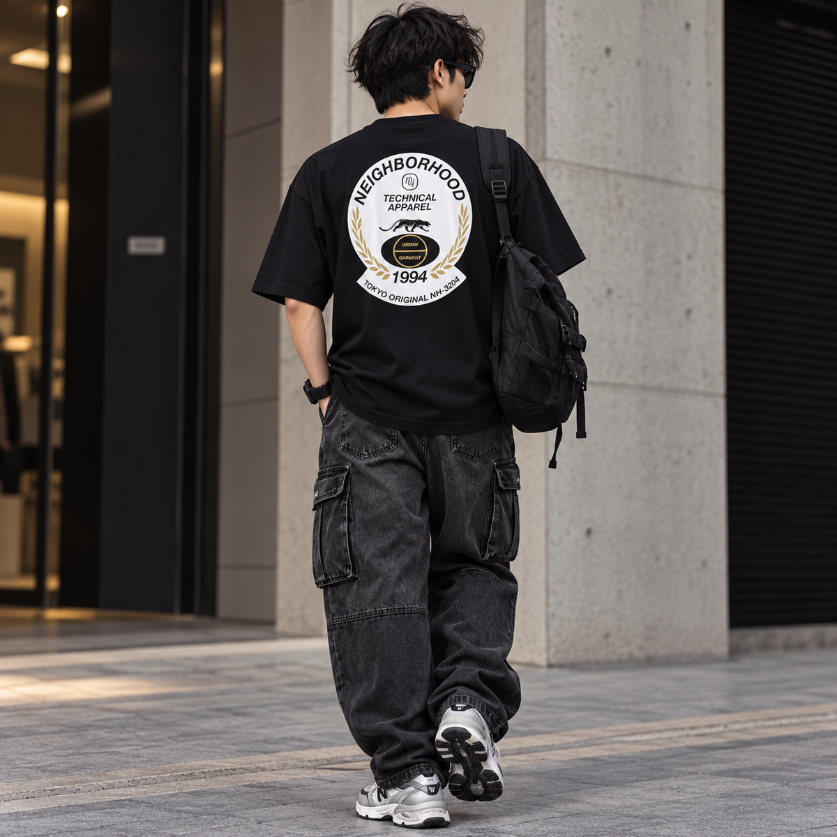 Black Neighborhood SS-6 Tee shirt, short-sleeve casual apparel with logo detail, displayed on a plain background.