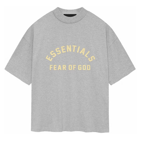 Light heather gray Fear of God Essentials heavyweight tee, casual crewneck shirt with minimal branding, shown on a plain background.