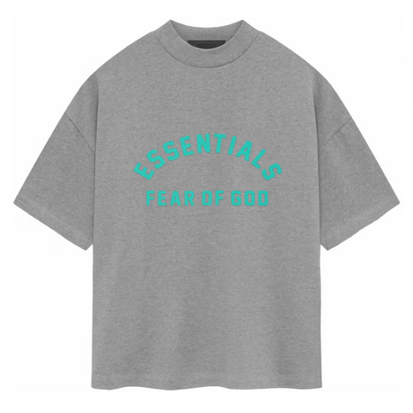 Fear of God Essentials heavyweight dark heather T-shirt, casual apparel with a relaxed fit, featuring the FEAR OF GOD ESSENTIALS logo.