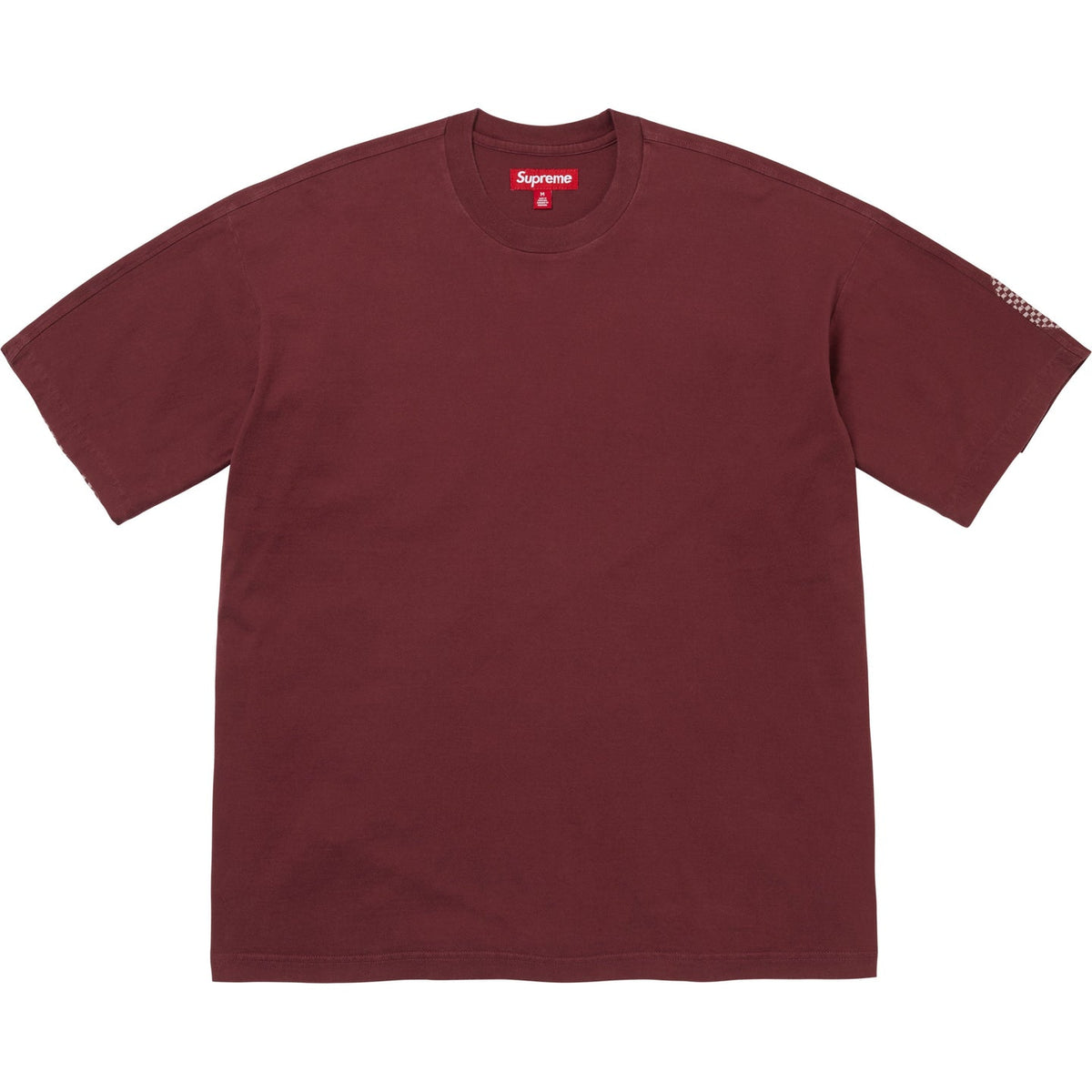 Supreme checkered burgundy intarsia tee shirt with bold checkerboard pattern and crew neckline, casual streetwear apparel.