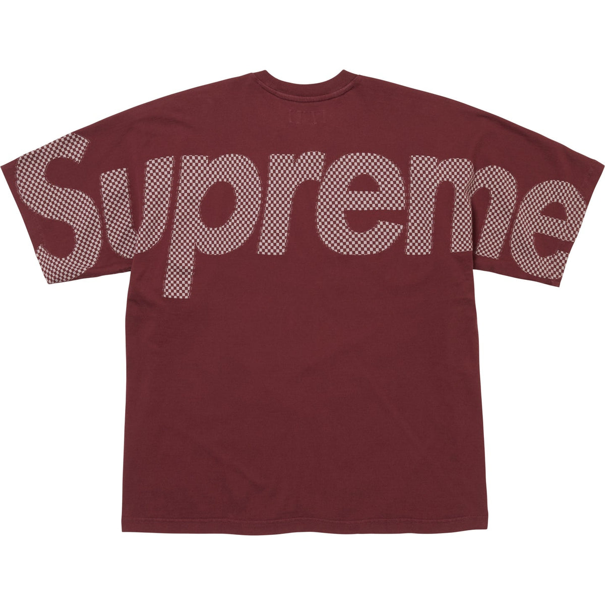 Supreme checkered burgundy intarsia tee shirt with bold pattern and classic crewneck design, casual apparel for streetwear style