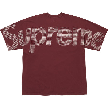 Supreme checkered burgundy intarsia tee shirt with bold pattern and classic crewneck design, casual apparel for streetwear style