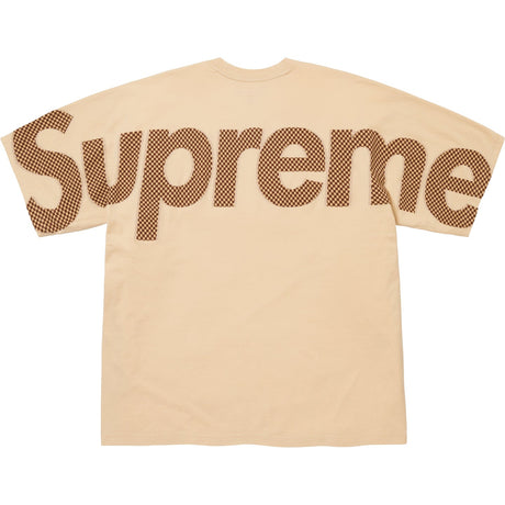 Supreme tan checkered intarsia tee shirt with bold pattern and crew neckline, casual apparel for streetwear style.