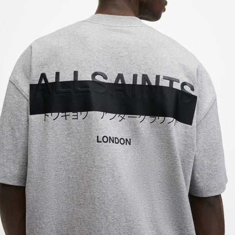 AllSaints Redact Strikeout Logo Tee in grey, casual men's t-shirt with bold logo design and comfortable fit.