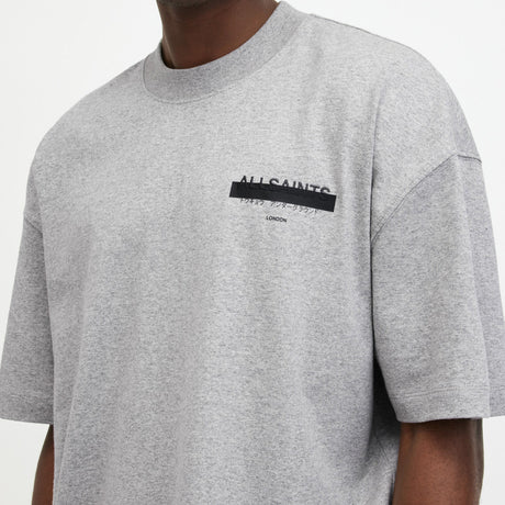 AllSaints Redact Strikeout Logo Tee in grey, casual apparel featuring a bold logo design on the front.