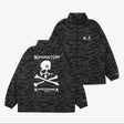 Mastermind Japan Hurley Phantom woven zip-up jacket, black with logo details, displayed on a hanger.