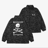 Mastermind Japan Hurley Phantom woven zip-up jacket, black with logo details, displayed on a hanger.