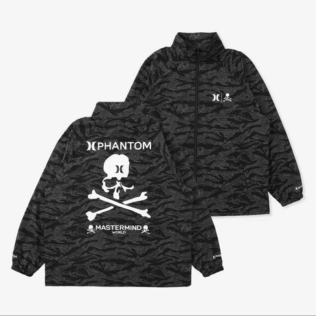 Mastermind Japan Hurley Phantom woven zip-up jacket, black with logo details, displayed on a hanger.