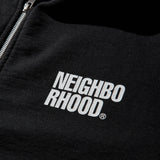 Black NEIGHBORHOOD classic zip hoodie with front pockets and adjustable drawstrings, displayed on a hanger.