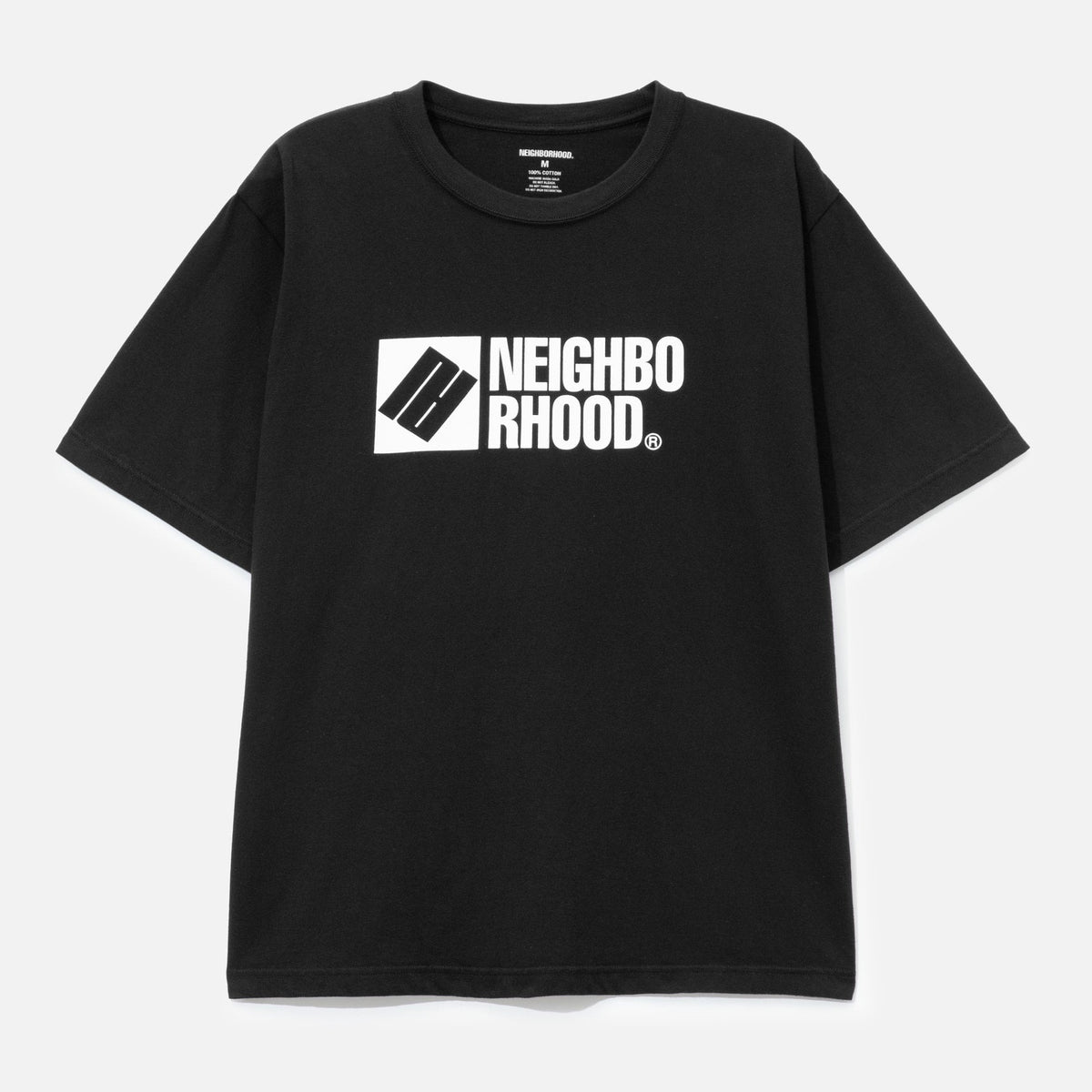 Black NEIGHBORHOOD SS-3 T-shirt with logo design, casual apparel shown on a flat lay.