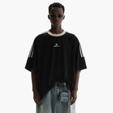 Black MasonPrince Retro Striped Tee showing a classic short-sleeve design with bold horizontal stripes.