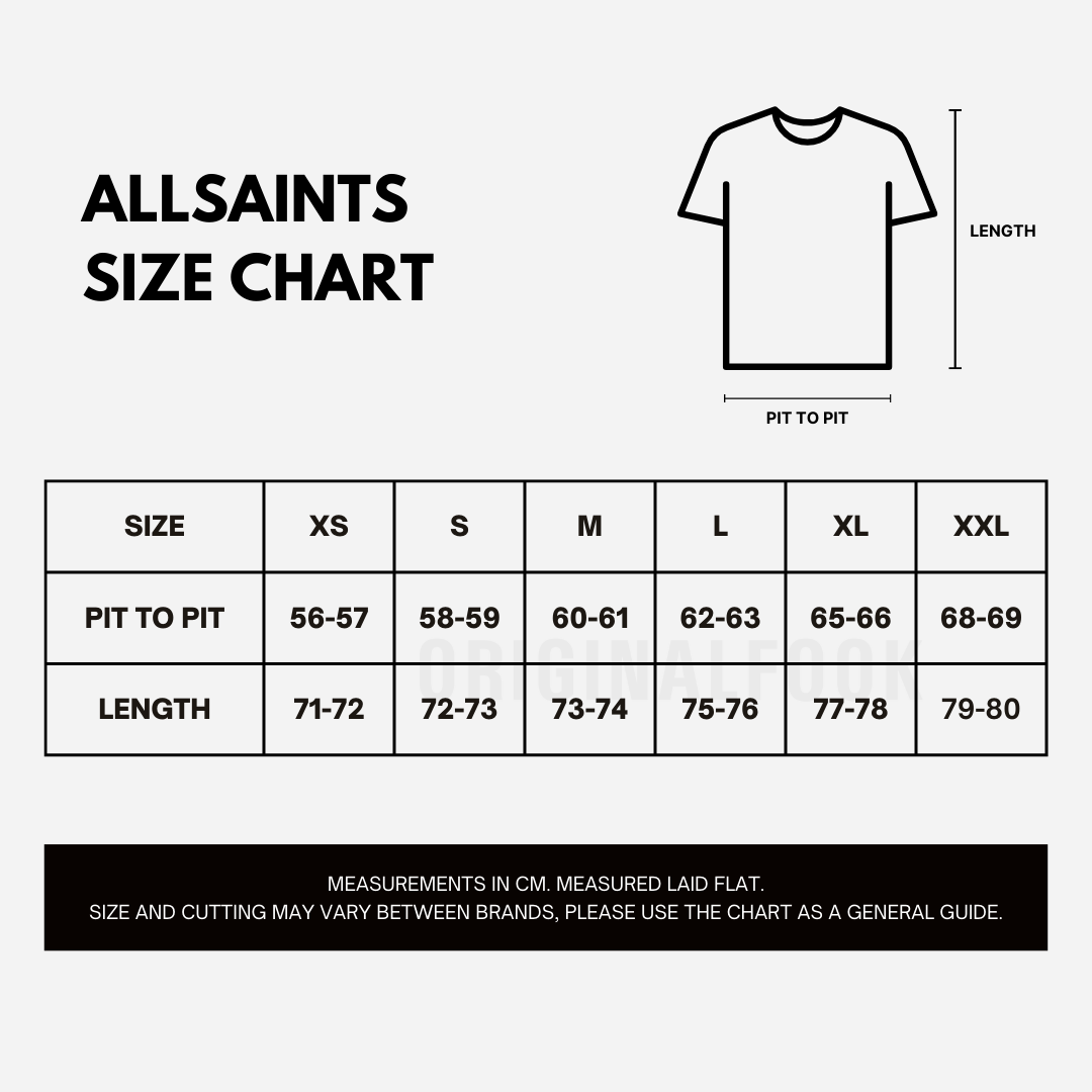 AllSaints Xander flocked logo tee in maple green, casual men's apparel with logo design, shown in size chart image.