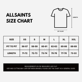 AllSaints Xander flocked logo tee in maple green, casual men's apparel with logo design, shown in size chart image.