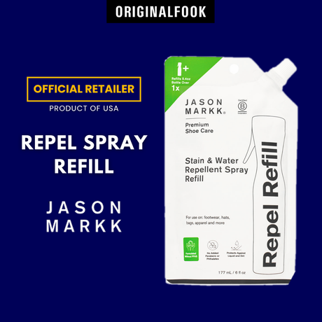 Jason Markk Repel Shoe Spray Refill for shoe care, shown in a clear refill bottle with spray nozzle.