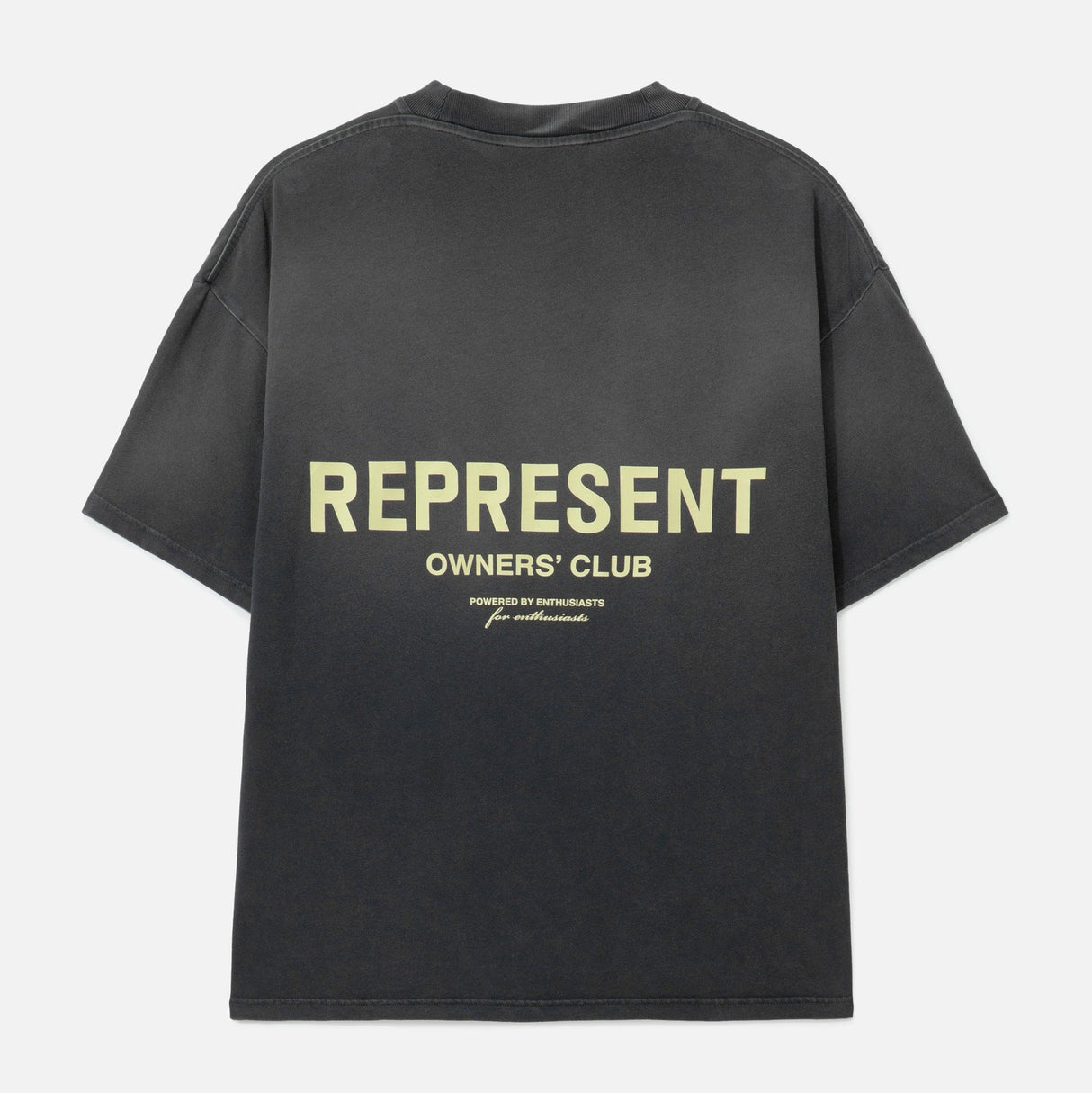 Represent Owners Club Logo Tee in aged black, featuring a stylish graphic print on the front, casual fit, and soft cotton fabric.