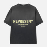 Represent Owners Club Logo Tee in aged black, featuring a stylish graphic print on the front, casual fit, and soft cotton fabric.