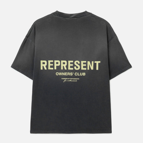 Represent Owners Club Logo Tee in aged black, featuring a stylish graphic print on the front, casual fit, and soft cotton fabric.