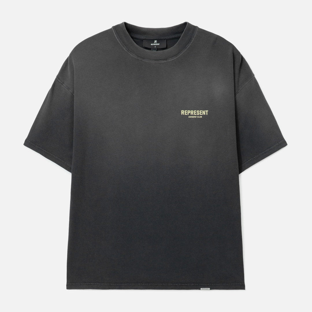 Black Represent Owners Club Logo T-shirt featuring a prominent brand logo on the front, casual fit, aged black fabric.