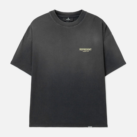 Black Represent Owners Club Logo T-shirt featuring a prominent brand logo on the front, casual fit, aged black fabric.