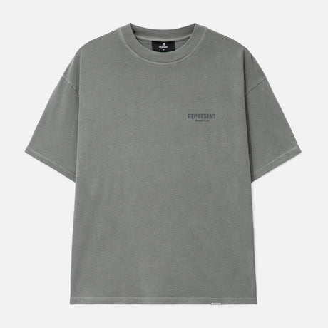 Represent Owners Club Logo Tee in ultimate grey, featuring a classic crew neck and the iconic club logo on the front.