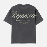 Represent Owners Club Script Tee in vintage grey, featuring a classic black design with the brand's logo and stylish lettering.