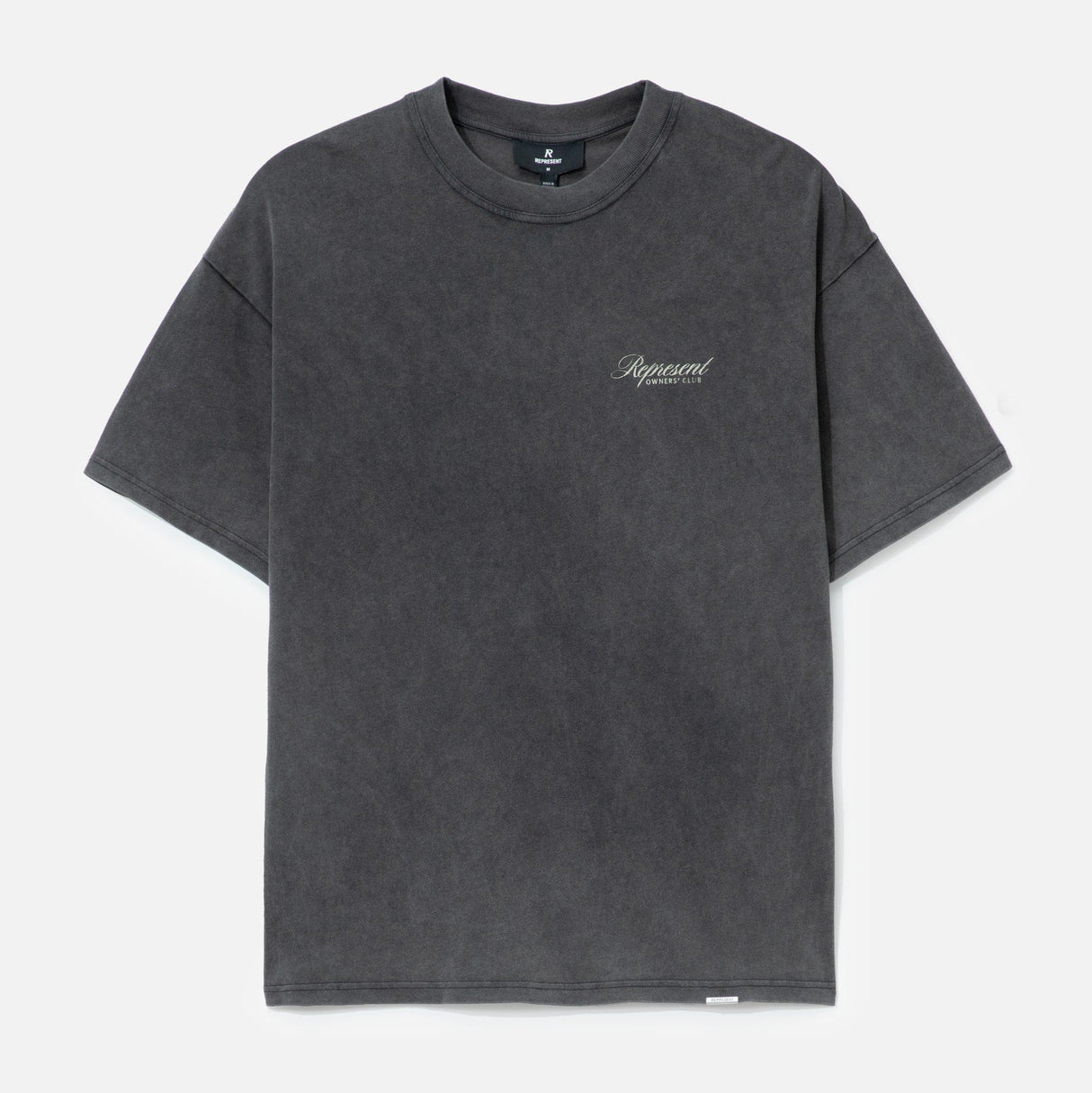 Represent Owners Club Script Tee in vintage grey, featuring a stylish black graphic design on soft cotton fabric.