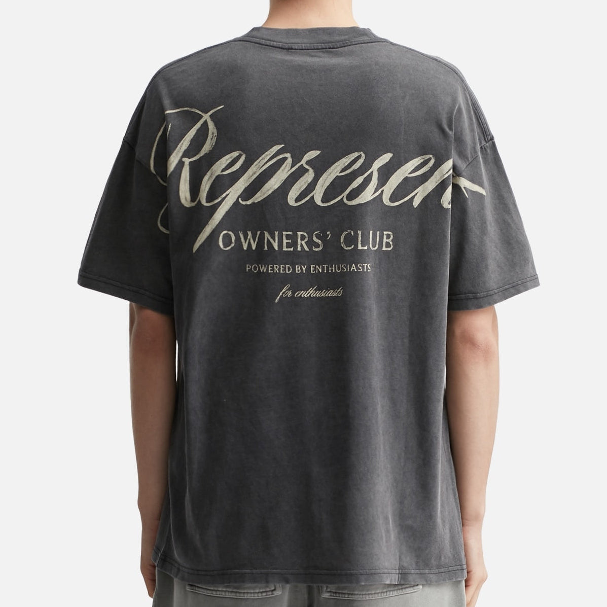 Represent Owners Club Script Tee in vintage black, featuring bold logo embroidery on soft grey fabric.