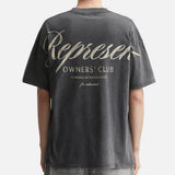 Represent Owners Club Script Tee in vintage black, featuring bold logo embroidery on soft grey fabric.