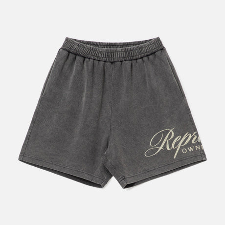 Represent Script Sweat Shorts in vintage black, featuring a relaxed fit and casual style, ideal for comfortable streetwear.