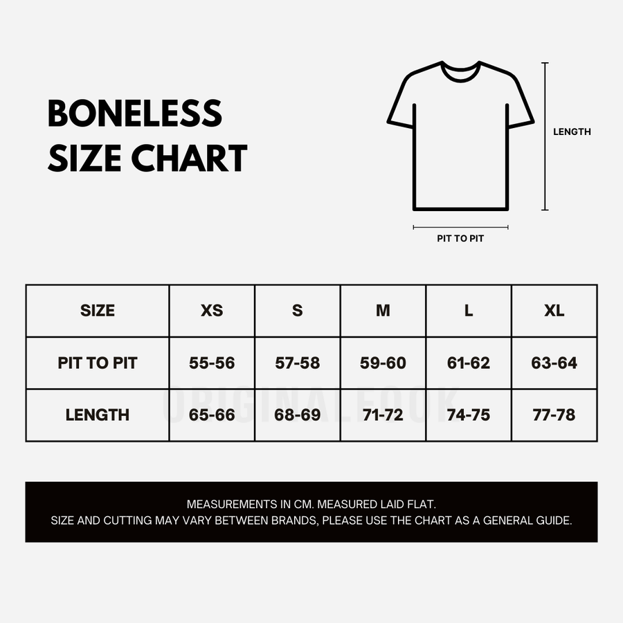Size chart for Boneless Logo Print Tee in carbon black, showing sizing details and fit information for BONELESS apparel