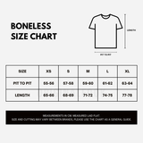 Size chart for Boneless Logo Print Tee in carbon black, showing sizing details and fit information for BONELESS apparel