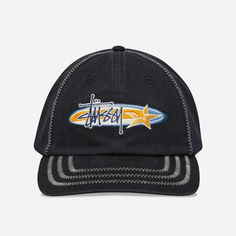 Black Stussy Oval Star Cap, stylish black headwear with a star emblem, featuring a curved brim and adjustable strap for a comfortable fit.