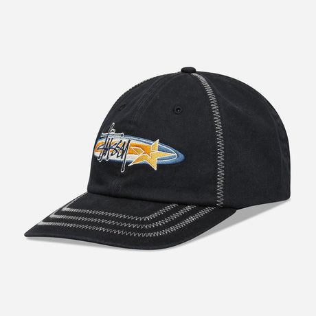 Black Stussy Oval Star cap, stylish headwear with embroidered star detail, featuring a classic adjustable strap.