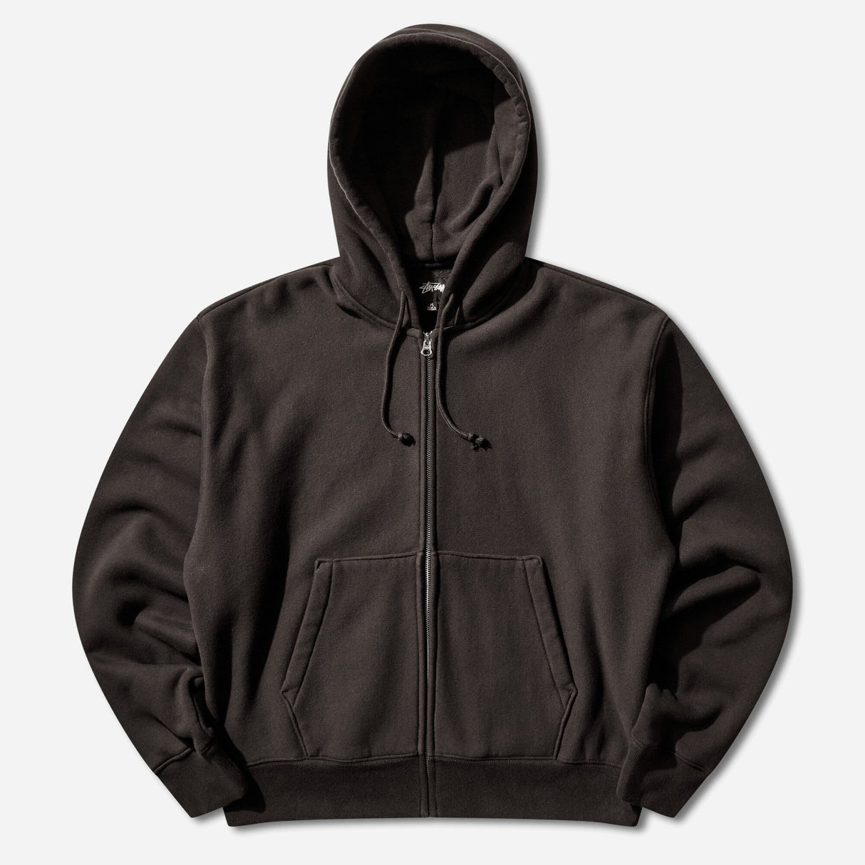 Black Stussy Diamond Logo zip hoodie, casual apparel with front zipper and signature diamond emblem, made by Stussy.