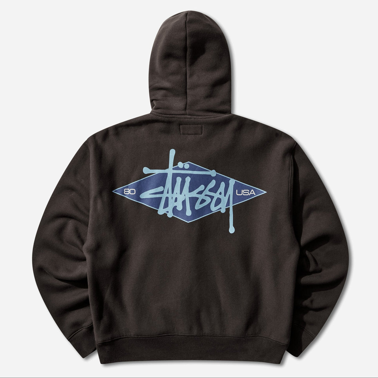 Black Stussy Diamond Logo zip hoodie, casual streetwear apparel with front zipper and iconic diamond logo design.
