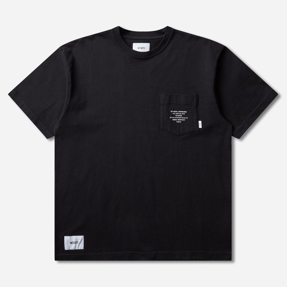 Black WTAPS Pocket Tee, short-sleeve cotton T-shirt with front pocket, casual streetwear style.