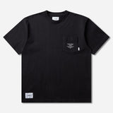 Black WTAPS Pocket Tee, short-sleeve cotton T-shirt with front pocket, casual streetwear style.