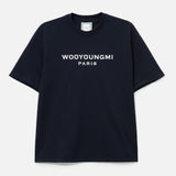 Dark navy Wooyoungmi front logo tee, casual apparel with a simple design and branded logo, displayed on a mannequin.