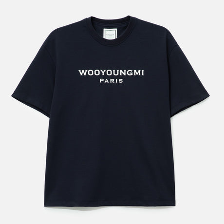Dark navy Wooyoungmi front logo tee, casual apparel with a simple design and branded logo, displayed on a mannequin.