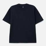 Dark navy Wooyoungmi front logo tee, casual apparel with bold branding, displayed on a hanger.