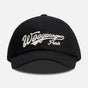 Black Wooyoungmi script logo cap, stylish headwear with adjustable strap and embroidered branding, perfect for casual wear.